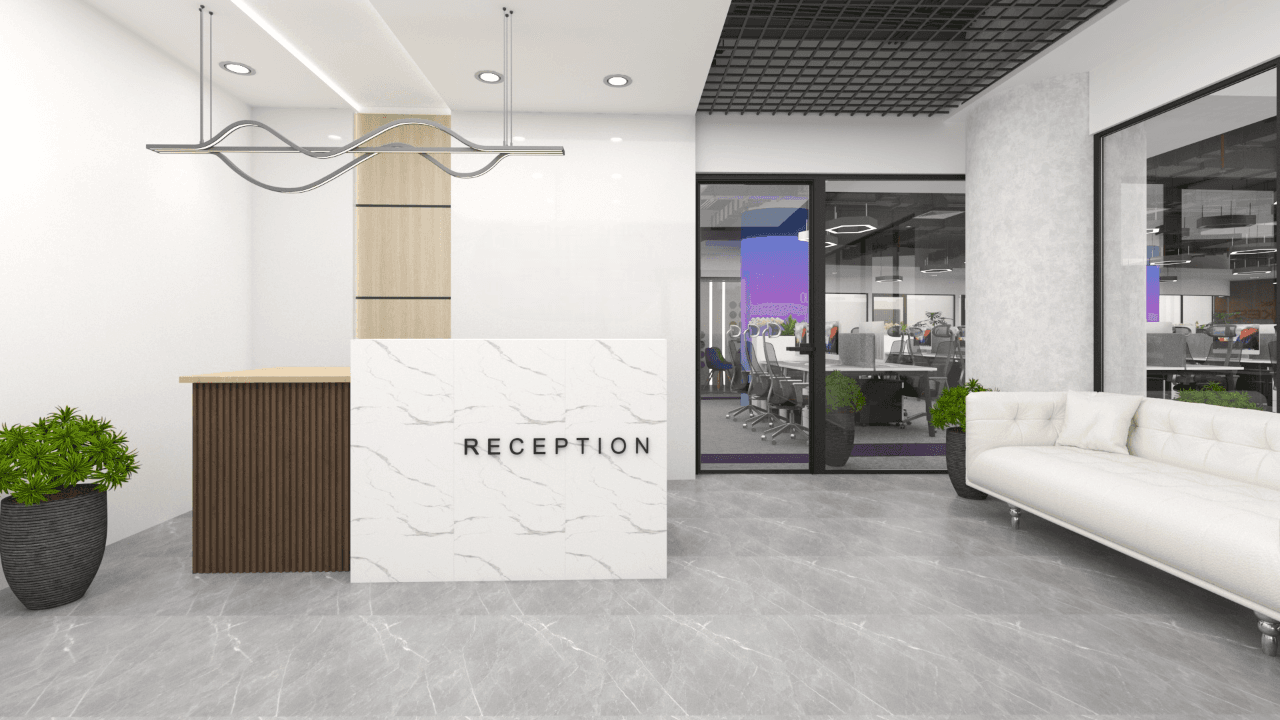 Modern open-plan office with ergonomic chairs